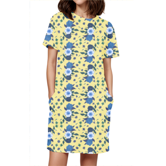 Printed T-shirt Dress (Blue Flowers/Yellow)