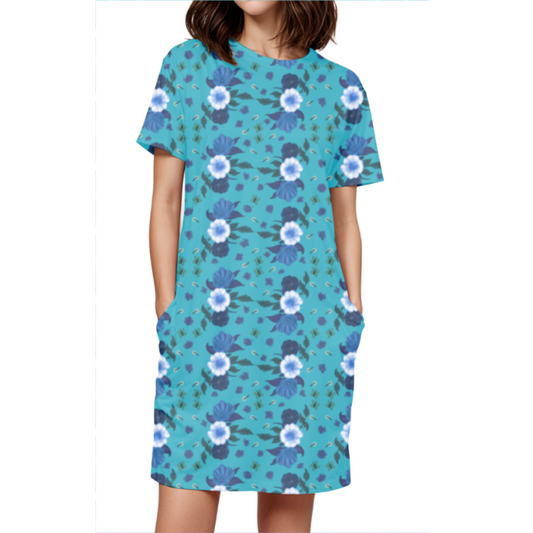 Printed T-shirt Dress (Blue Flowers/Blue)